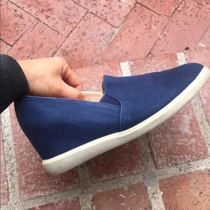 Denim high heel sneakers .